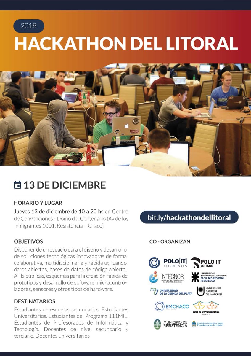 📣 Ya se viene! El #HackathonDelLitoral 💪
Agendàlo, serà el jueves 13 de diciembre, en el Domo del Centenario - Resistencia, Chaco. 📌
Un espacio para crear, diseñar y programar. No te lo pierdas! 🤗