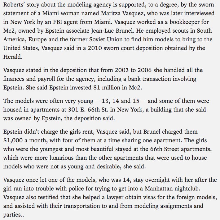 . @MotherJones' description of Trump's modeling agency is eerily similar to parts of Epstein's scheme as well.Though there is less reporting on this, Trump seems to have illegally brought girls as young as 14 to the U.S. to work uncompensated. Sounds a lot like trafficking, no?