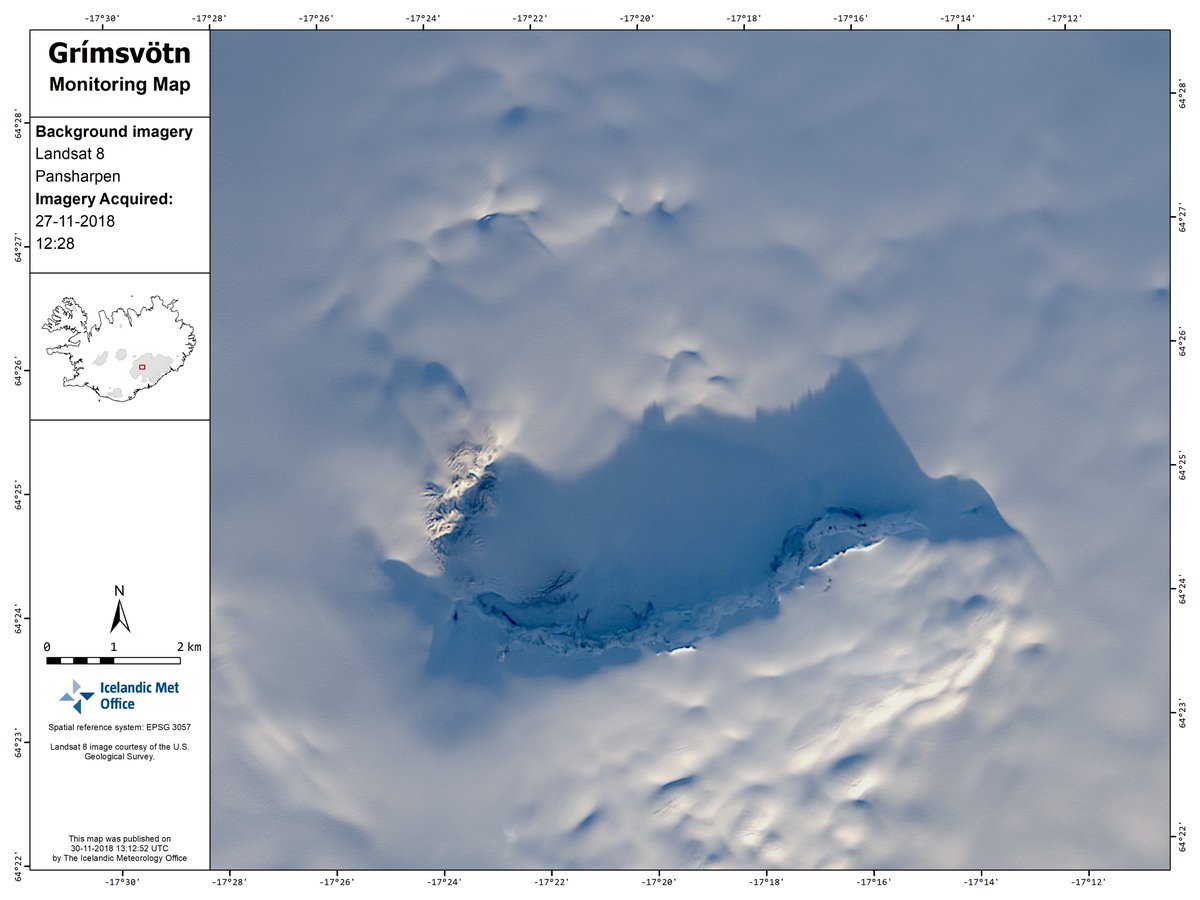 RagnarHeidar's tweet photo. Having access to satellite imagery at high latitudes in mid-winter can be useful. #Landsat image from last Tuesday reveals shallow features on #Vatnajokull ice cap because of low solar angle + long shadows. Ice cauldrons at #Bardabunga, #Grimsvotn and outlets from Skata cauldrons https://t.co/DNmvSBfFSF