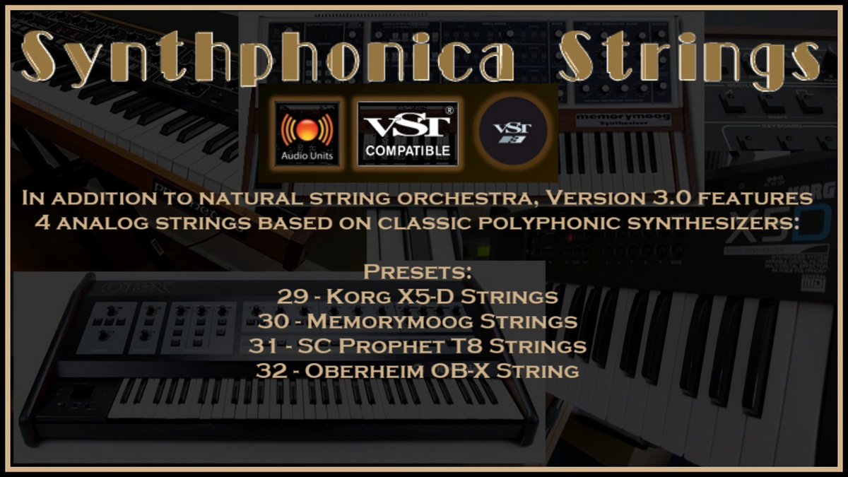 syntheway's tweet photo. Synthphonica Strings v3.0 VST VST3 Audio Unit: In addition to natural String Orchestra also features 4 stereoized analog strings based on classic polyphonic synthesizers for Windows and macOS #AnalogStrings #KorgX5D #Memorymoog #ProphetT8 #OberheimOBX https://t.co/IZaxRJ6EPu