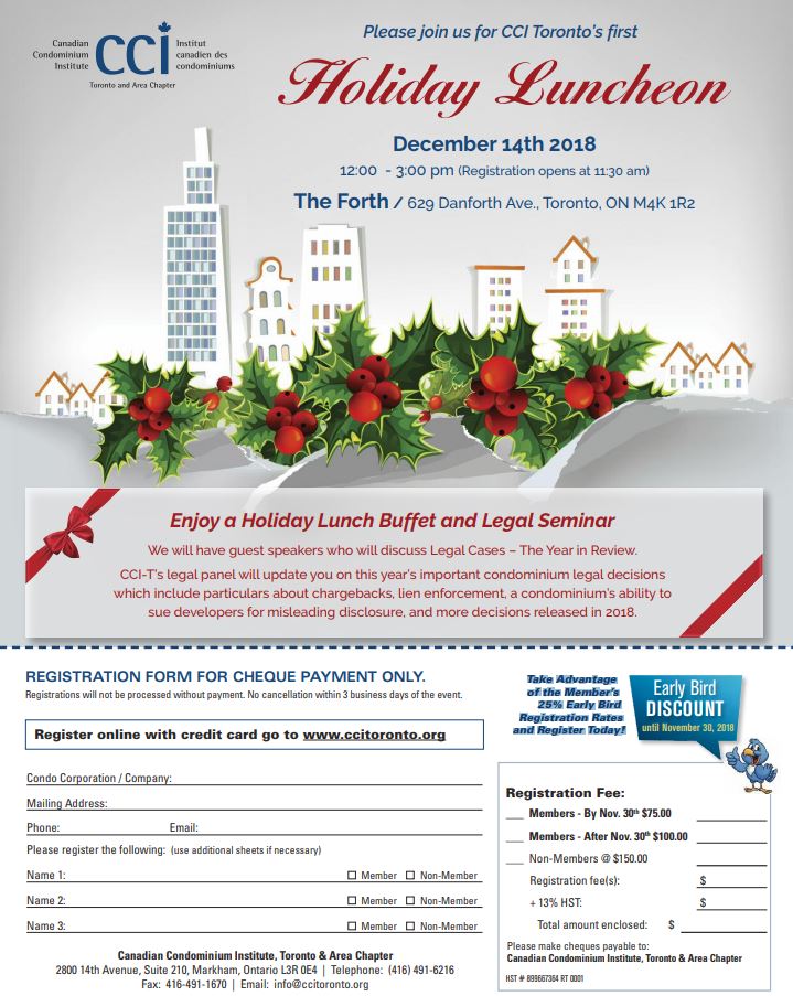 TODAY is the last day to receive Early Bird Pricing for our Holiday Luncheon!

Enjoy a Holiday Lunch Buffet and Legal Seminar as we discuss chargebacks, lien enforcement and more!

Register here to only pay $75 + HST
ow.ly/90Vp30mKWB1