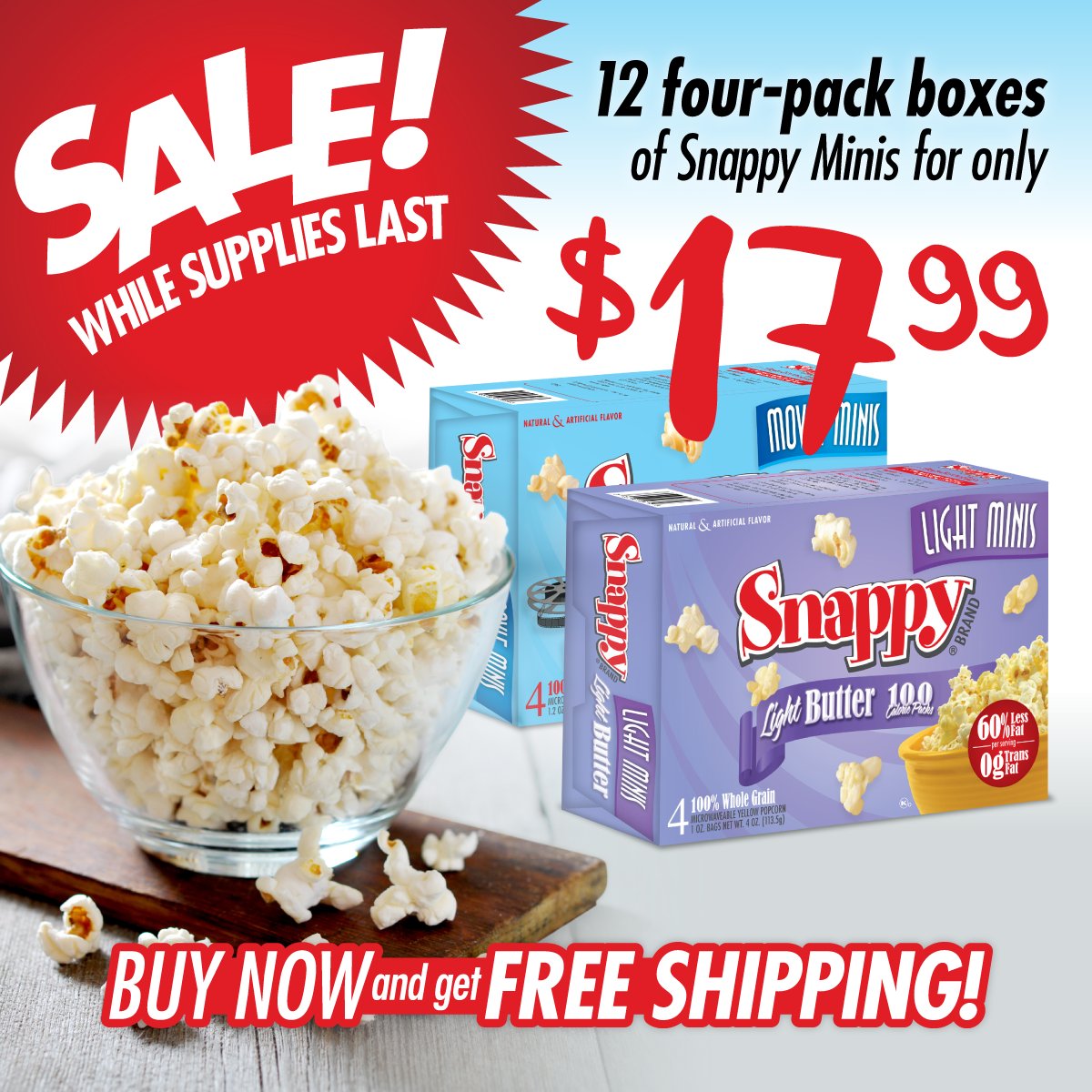 SnappyPopcornCo's tweet photo. Who doesn't love FREE shipping?! Our Snappy Minis special is still going on now so hurry while supplies last. Buy now &amp; get free shipping, you don't want to miss out! » https://t.co/wodM2j26Bk https://t.co/8W50DQPzyW