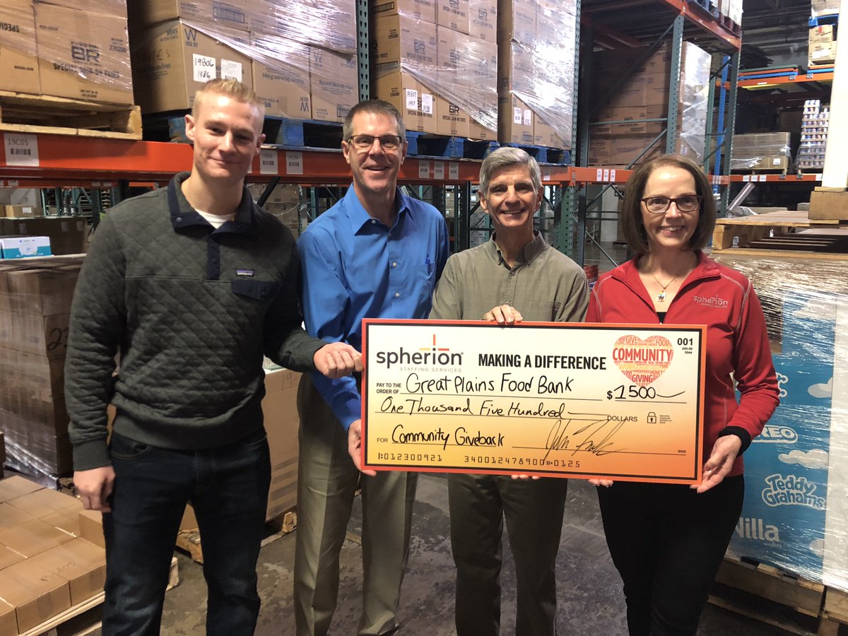NDFoodBank's tweet photo. A big thank you to employees from @Spherion offices in both Fargo and Bismarck for their work in the fight to end hunger! Their donation of $1,500 will provide 4,500 meals to help those in need! #GPFB #HeartsSolveHunger https://t.co/7XtitJnTCw
