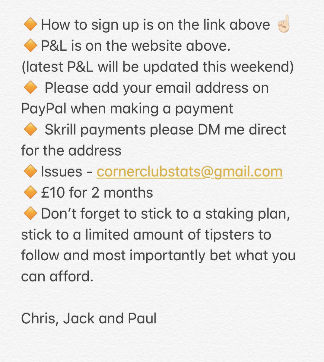 December and January window to sign up is now open!! 

Please see below for details. 

cornersbychris.co.uk/telegram-tips/