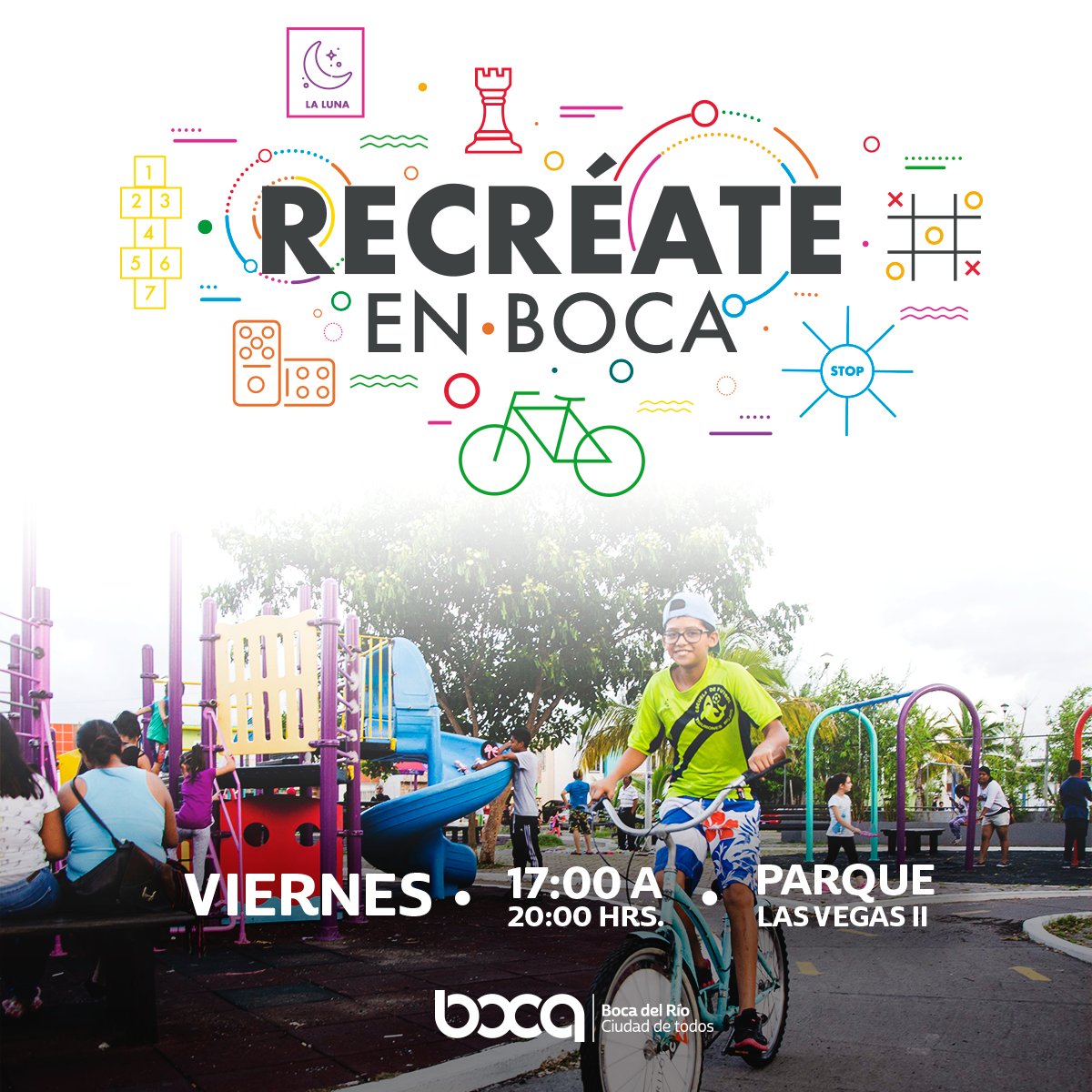 Distrito_Boca's tweet image. ¡Es tiempo de Recréate en Boca!
Participa y disfruta de una tarde llena de actividades y juegos en tu colonia, ¡Trae a tus pequeños! Te esperamos en el Parque de las Vegas II a partir de las 17:00hrs. ¡No faltes!