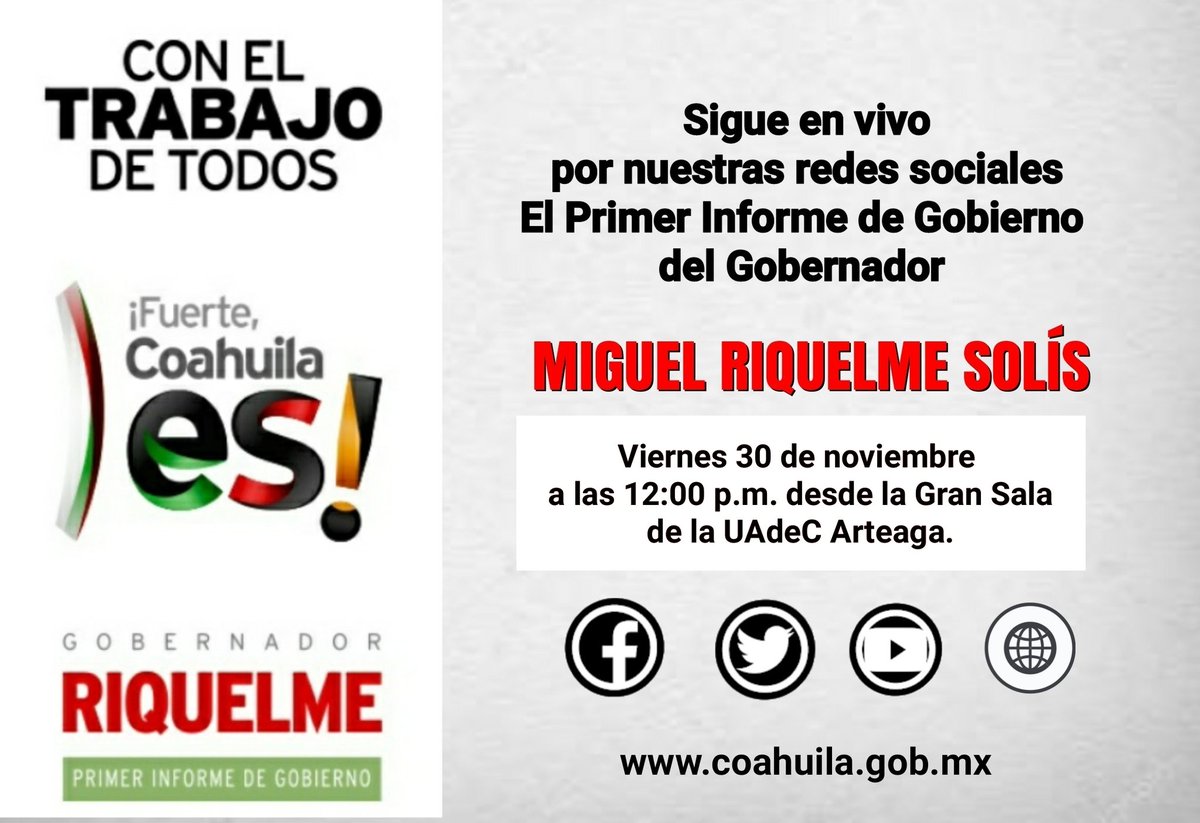 GobDeCoahuila's tweet photo. En unos momentos más inicia la transmisión en 🔴 directo del Primer Informe de Gobierno del Gobernador @mrikelme 
#1erInformeMiguelRiquelme 
#ConElTrabajoDeTodos 
#FuerteCoahuilaEs https://t.co/RwvsOkCvwa