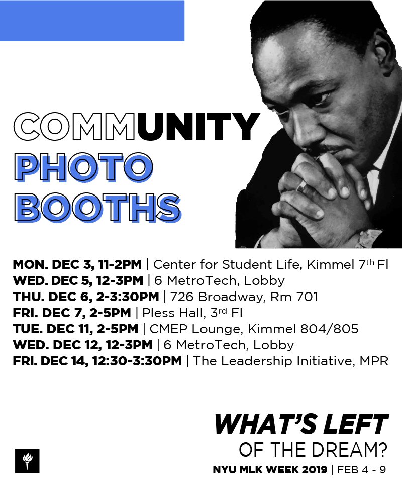 NYUMLKWeek's tweet photo. First MLK Week 2019 Community Photobooth of the year is happening now at Weinstein Hall, behind the turnstiles! 

Check out of the schedule for out community booths. Next up is Monday, Dec 3rd 11am-2pm at the Center for Student Life in Kimmel! https://t.co/LcIz3PamwQ