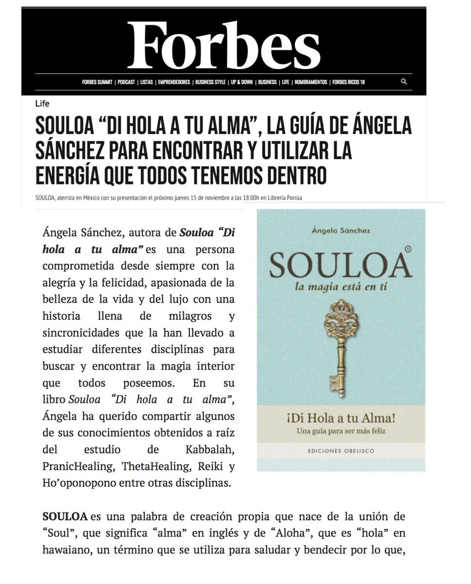 Souloa_org's tweet photo. Presentación #Souloa en #México 🇲🇽 en @Forbes_es !! Gracias &amp; Thank You!!! #magazine #Forbes #november2018 #book #Libro #nirvanalibros #movimiento @EdObelisco @NirvanaLibros @Angelaluxury @Pedro_S4anchez https://t.co/Ee0sNysWrT