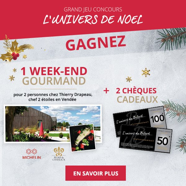 [#Jeu #Noël] Du 30 nov au 20 déc, gagnez votre #cadeau de #noël ! 1 séjour  #gourmand <a href="/thierry_drapeau/">HôtelThierry Drapeau</a> chef 2 étoiles** en #Vendée <a href="/RelaisChateaux/">Relais & Châteaux</a>  <a href="/guideMichelinFR/">Le guide MICHELIN</a> + 1 chèque cadeau <a href="/UDBillard/">L'Univers Du Billard</a> de 100 € et 50 € à gagner   => Pour  jouer, facebook.com/UDBillard/post…