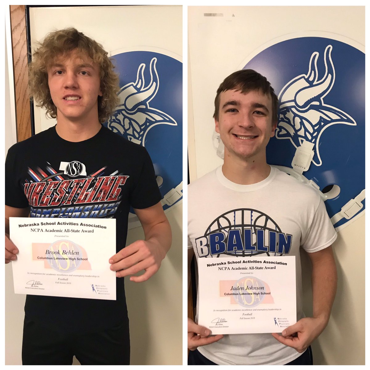Congratulations to Brook Behlen and Jaden Johnson! Both Brook and Jaden were named Academic All State Football players by <a href="/nsaahome/">NSAA</a>! #lakeviewvikes #threecheers