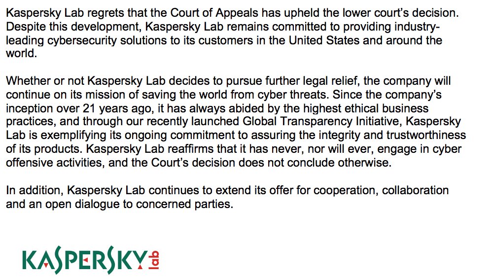 e_kaspersky's tweet photo. We are disappointed with today’s decision. However, we will still continue to offer the best protection to our customers and be open to working with government bodies around the world to fight cybercrime. #Securitywithoutborders https://t.co/qdFw9sw8iW