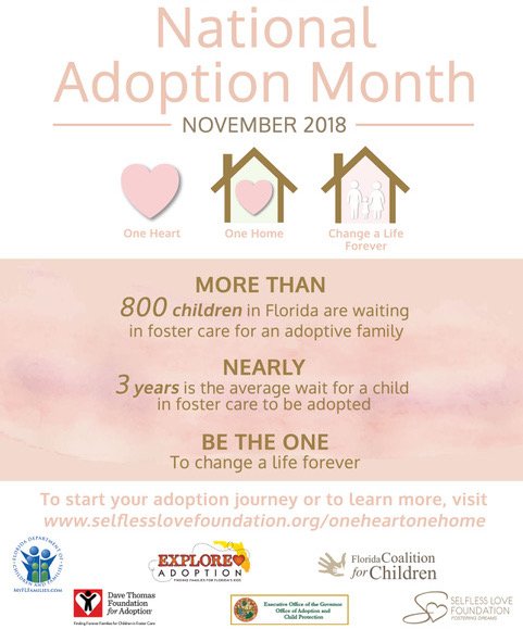 FLchildren1's tweet photo. As National Adoption Month comes to an end, we would like to thank the partners of our One Heart, One Home campaign: @selflesslovefdn, @MyFLFamilies, the Governor’s Office of Adoption & Child Protection, @DTFA, alongside FL’s community-based care lead & provider agencies. #FLNAM https://t.co/Gu97twdIDm
