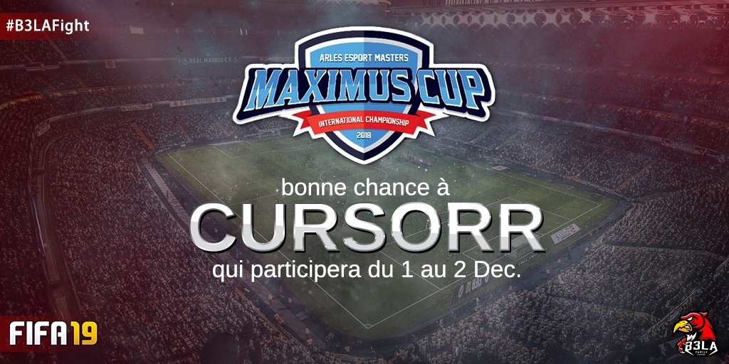 #maximuscup #fifa19 #eSports

Hello les ami(e)s !
Vous faites quoi ce week end ?
🔥Nous, on participe au tournoi #FIFA19 organisé par #MaximusCup !!!

➡️Soutenez #Cursorr du 1 au 2 Dec.

@B3LAFight
