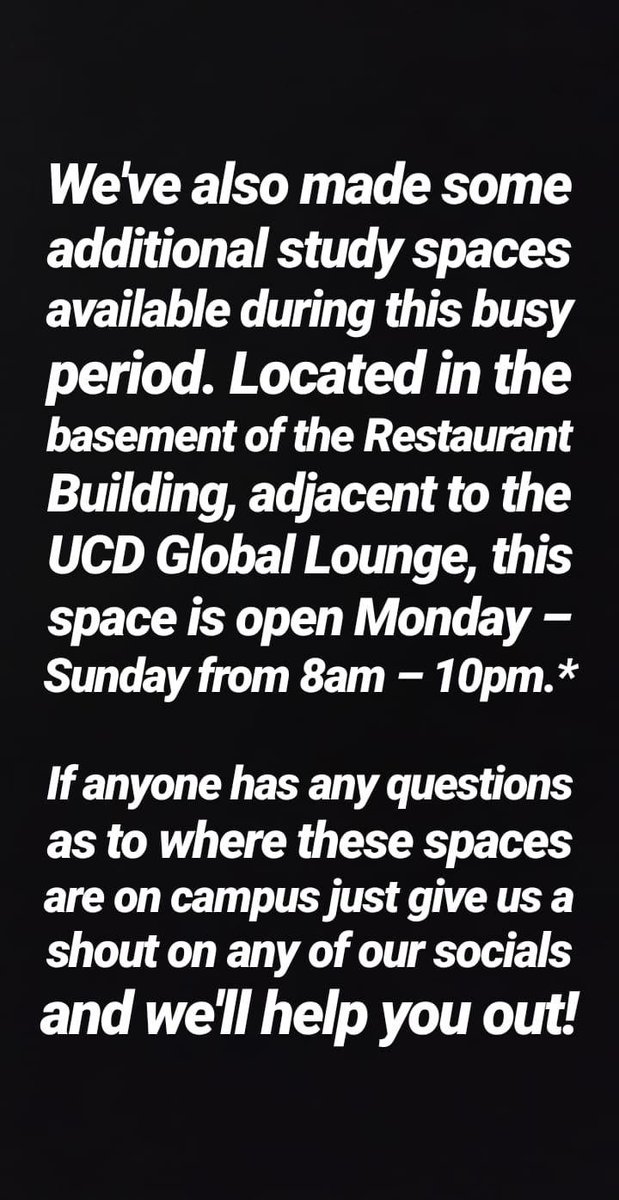 UCDSU's tweet photo. 📖Additional Study Space on Belfield Campus!📖

In collaboration with UCD Library and UCD Estates, the following rooms have been allocated for study space (between 8.00am-10.00pm) over the next two weeks: https://t.co/Vf5bCsul3Y