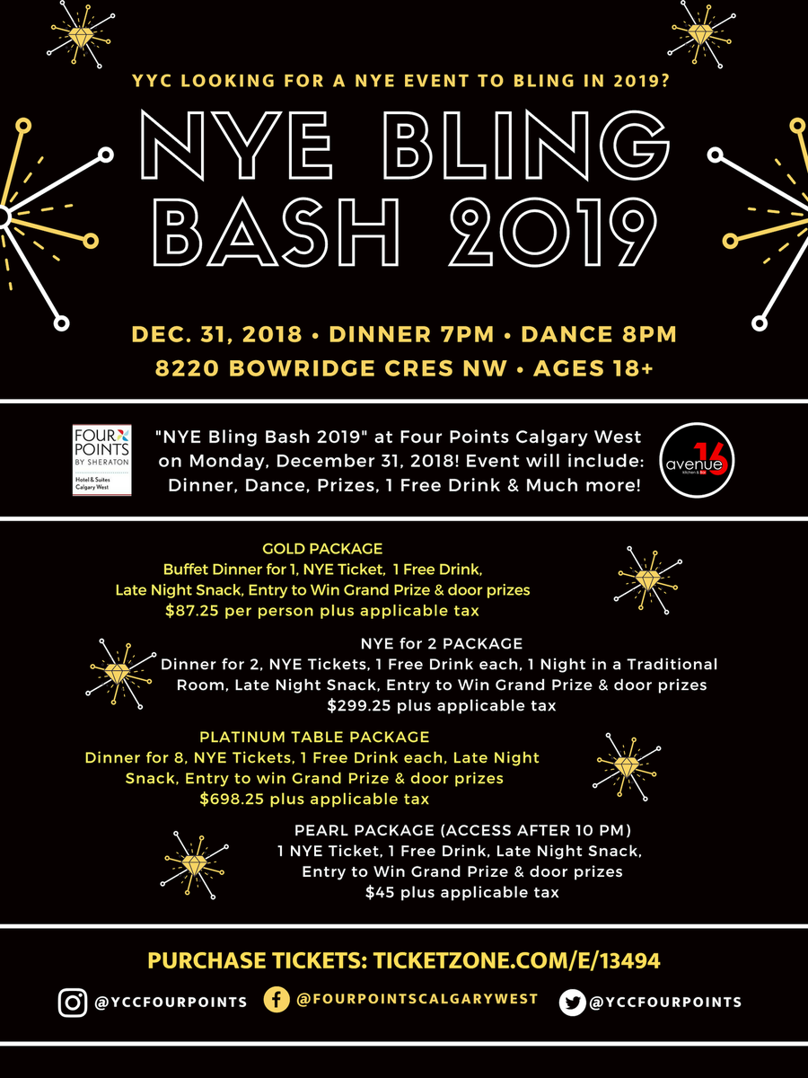 yycfourpoints's tweet photo. NYE Bling Bash 2019 at Four Points by Sheraton Calgary West on Dec. 31,2018! Dinner, Dance, Prizes, Free Drink &amp; more! Tickets: https://t.co/OUgXVCkT7d

#calgary #yyc #yycnow #yycnewyears #yycparty #yycevents #yycliving #yycnye #yyceats #alberta #edmonton #yeg #music #nye https://t.co/dZkZaVeEVK
