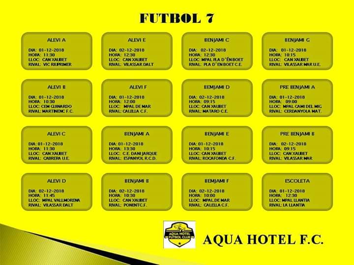 AQUAHOTELFC's tweet photo. 📆⏰ 🔝🔝⚽ Horaris 📋.
Partits Cap de Setmana 01 i 02 Desembre !!!
@AQUAHOTELFC @aquahotel @pinedademar #CanXaubet #futbolbase #escoleta #granprojecte https://t.co/Exg9uMYLqd