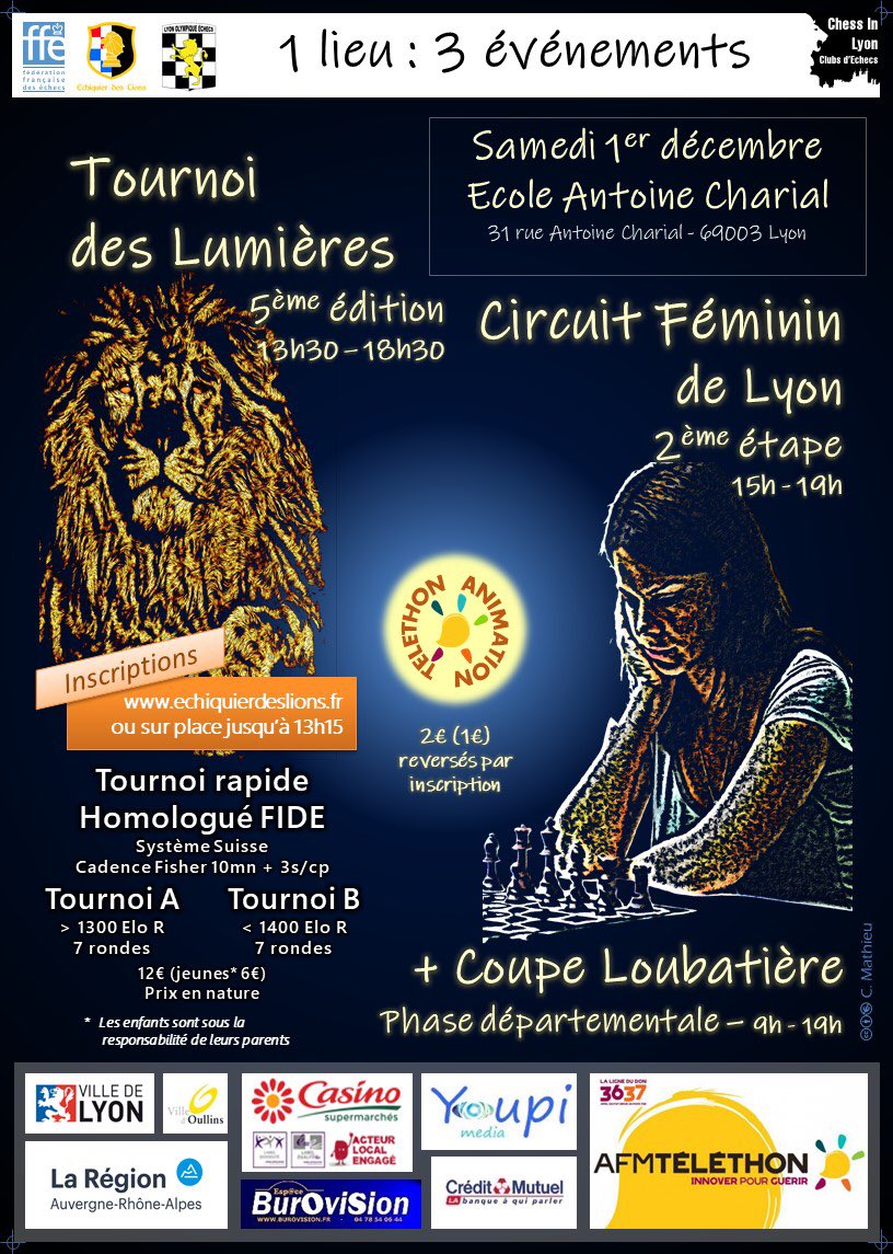 EcDesLions's tweet image. 1er décembre : fête des Echecs à l’école Charial. 5ème rapide des lumières, mais aussi circuit féminin de parties rapides, coupe Loubatière,  initiation aux jeux asiatiques (go, échecs chinois et japonnais, …).#echecs
Les forces vives en action 🤗.
Venez nombreux !