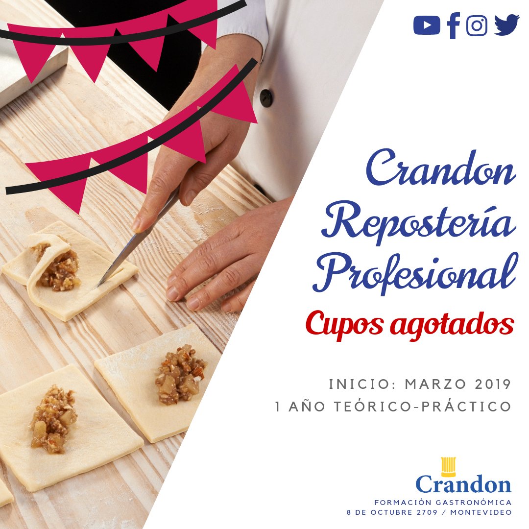 Crandon Gastronómico (@crandongastron) on Twitter photo ¡Cupos completos para #ReposteríaProfesionalCrandon 2019!
.
1 año / Clases teóricas y teórico-prácticas. Evaluaciones periódicas. Seminarios extracurriculares / Cupos mínimos y máximos
.
+ info: ecdom@crandon.edu.uy / 2487 2180 / Montevideo, Uruguay ¡Cupos completos para #ReposteríaProfesionalCrandon 2019!
.
1 año / Clases teóricas y teórico-prácticas. Evaluaciones periódicas. Seminarios extracurriculares / Cupos mínimos y máximos
.
+ info: ecdom@crandon.edu.uy / 2487 2180 / Montevideo, Uruguay