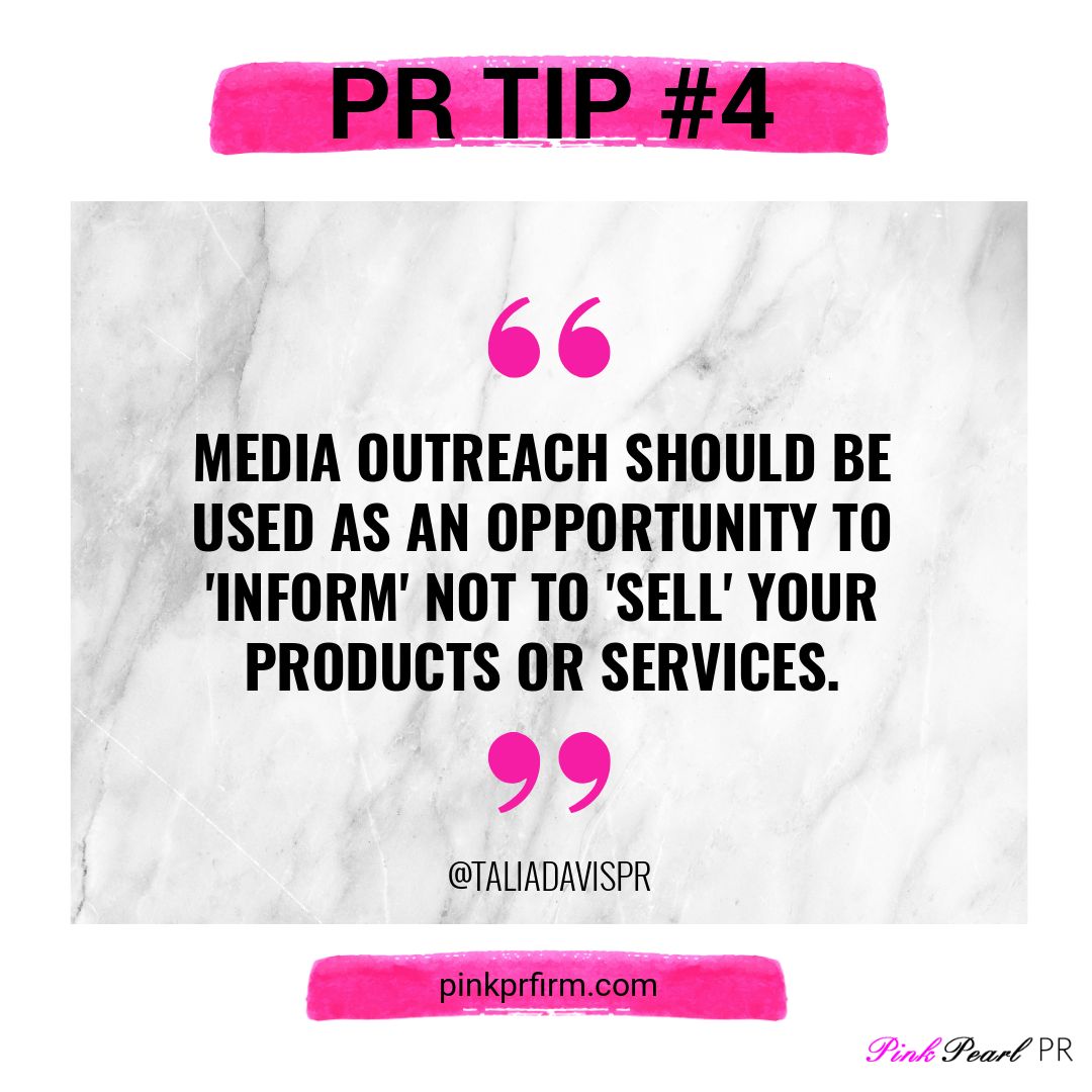pinkpearlpr's tweet photo. PR Tip 4: Inform rather than sell.
#TaliaDavisPR #PinkPearlPR #PRTraining #BecomingMemorable #PRInfluencer #BrandingExpert #WomenEntrepreneur #PRTips #Fempreneur #mompreneur #youpreneur #womeninpr #womeninprcanada #womeninprusa https://t.co/SfbYbRQuzh
