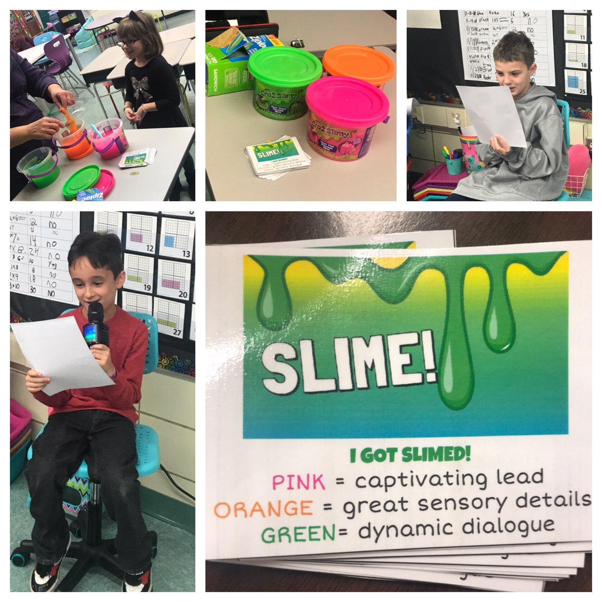 MsScarnati's tweet photo. We “slimed” our Personal Narrative publishing party! I am so proud of these super writers! #ExpertWritingSkills #Microphones #Slime #AndWriting #ThirdGradeAuthors @CatenaColts 🧫👏🏻🎉🎤📝 https://t.co/DKyhA9XvRo