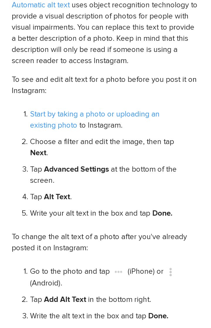 blind_bombshell's tweet photo. Just a side note about the accessibility of #instagram and their new #descriptiveimage #alttext
They automatically create alt text through an algorithm -- BUT IT HELPS SO MUCH when you write it, yourself!
Here's the screencap from their site about how to do it https://t.co/R3iSnSZbd9