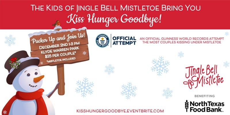 Pucker up! Help Hockaday 7th Grader Stella Wrubel and her Jingle Bell Mistletoe pals kiss hunger goodbye! Join them this Sunday break the Guinness World Record for the Most Couples Kissing Under Mistletoe. All proceeds going to North Texas Food Bank! bit.ly/2PbCOwi