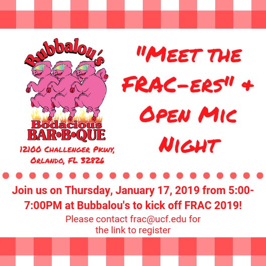 fracucf's tweet photo. Happy FRAC Friday!

🗣 Calling all performers! 🗣
Join us at Bubbalou's Bodacious BBQ! We will be having an open mic night so you can sing along with FRACers, a caricature artist, and delicious food!

Contact frac@ucf.edu to register! https://t.co/IK56IHUb8z