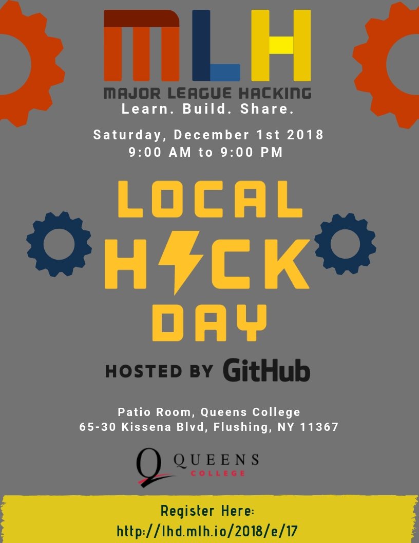 sumunchies's tweet photo. There's still time to register for Local Hack Day at Queens College! We will have a surprise guest! You wouldn't want to miss out on this opportunity.
Whether you are a beginner or experienced hacker - this is your chance to LEARN, BUILD, &amp; SHARE! @MLHacks @QC_News https://t.co/iZwNWmikP5