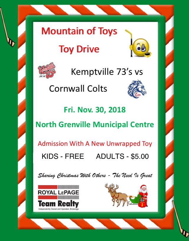Kemptville73s's tweet photo. ‼️ Game Day ‼️
Don’t forget to bring a new unwrapped toy for our Mountain of Toy Drive for tonight’s game vs @CornwallColts https://t.co/7ORSJOWSib