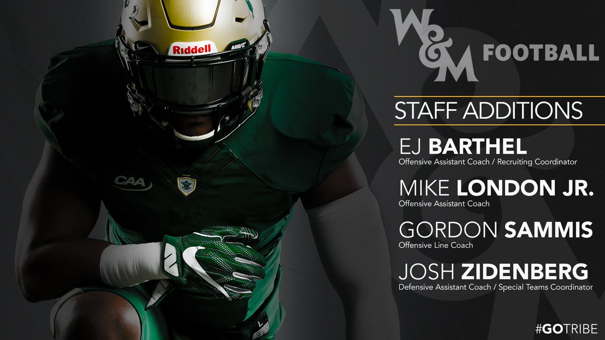 WMTribeFootball's tweet photo. London Announces Four Additions to W&amp;M Football Coaching Staff #GoTribe

📰 https://t.co/xXUXdtiPjq https://t.co/JrUgIo1MgS