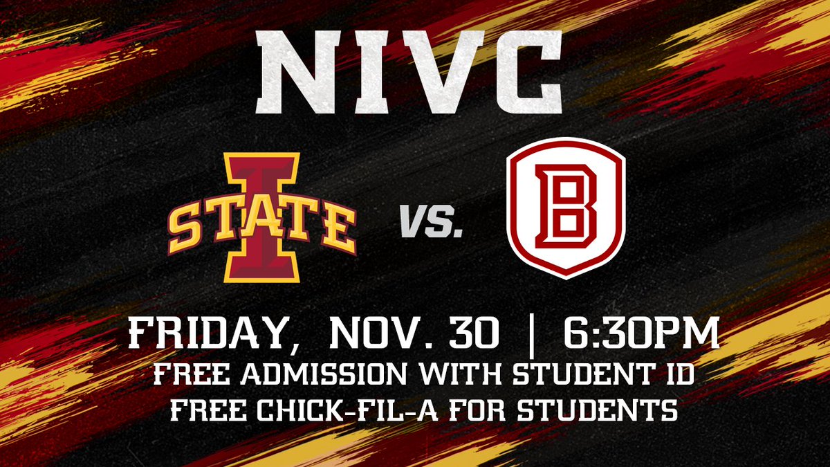 CycloneVB's tweet photo. Hey Iowa State students, a reminder that you get into tonight's match for free with your Student ID! We also have free Chik-fil-A at the North Entrance for you!

#cyclONEnation #StrongerTogether https://t.co/klhNlaqYzK