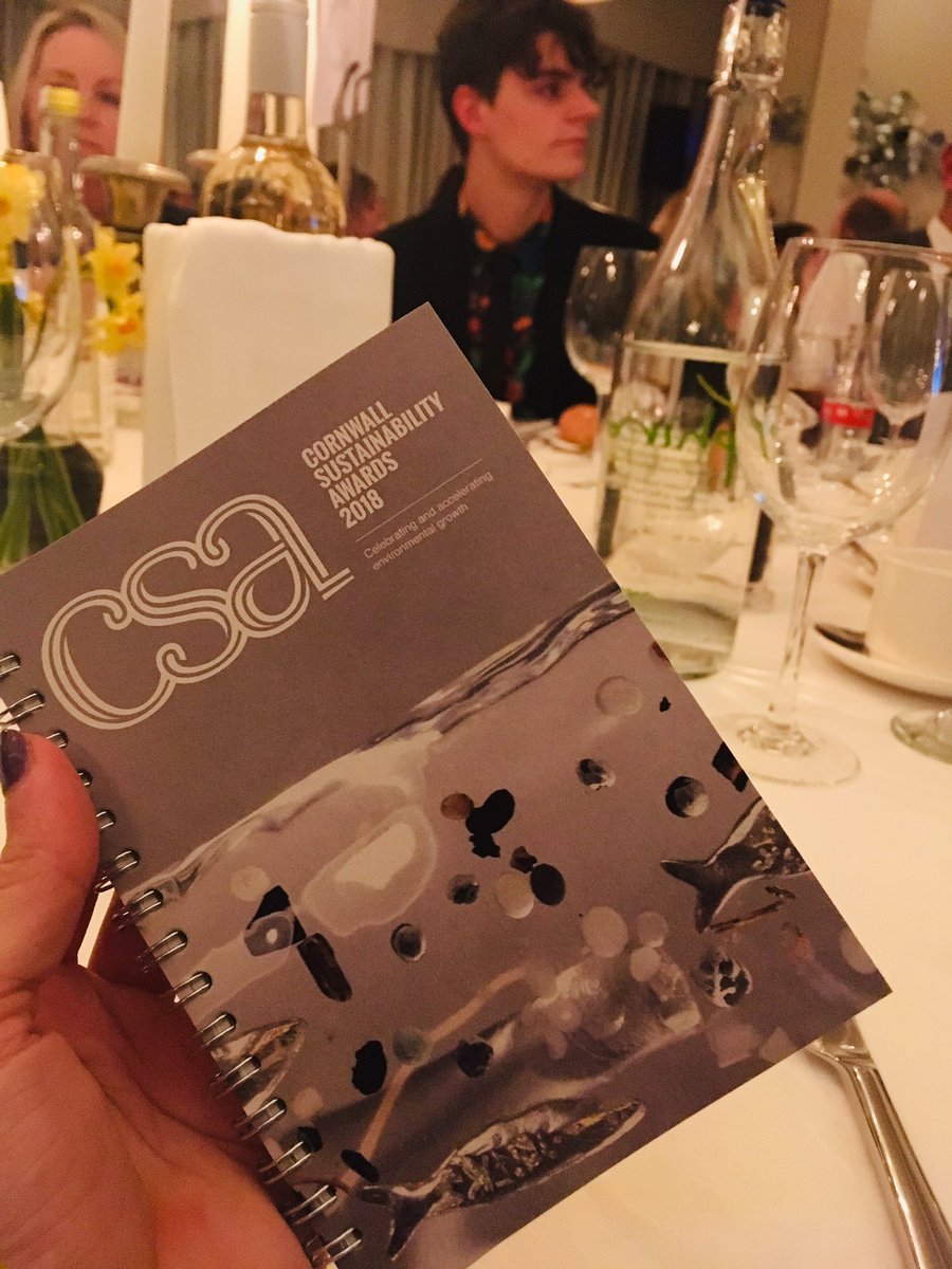 Sat down at <a href="/CwallSusAwards/">Cornwall Sustainability Awards</a> and look what’s here waiting for us - sustainably designed by the creative sat across from me⚡️a neat little brochure showcasing tonight’s finalists, supporters &amp; this year’s bespoke #ecotrophy (a Leap x <a href="/KurtJacksonArt/">Kurt Jackson Artist</a> collab) #CSA2018 #sustainability
