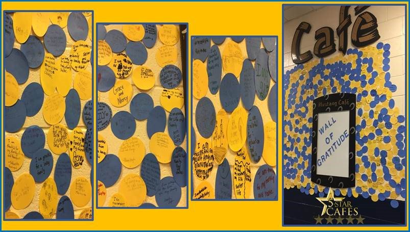 #5starcafes have spent month of Nov celebrating things we are thankful for.Students and staff @MidwayES #5starcafé created this wonderful WallofGratitude w/ postit messages of thanksgiving.  Reading these messages should give us all reason to celebrate throughout the entire year.