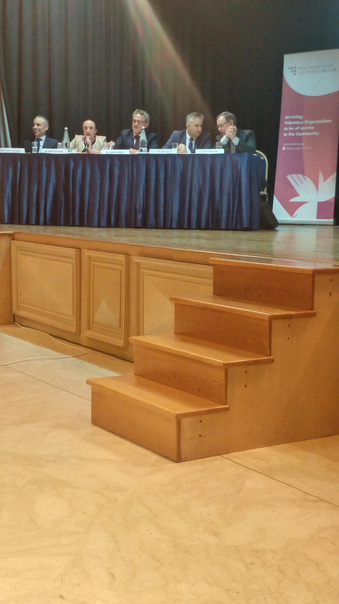 Panel for the MCVS National Conference: Mr. Robert Farrugia, ex-Chairpersom MCVS; Dr. Maria Criminale, Legal Advisor Parl. Sec. Youth, Sports and VOs; Dr. Noel Camiller, Chairperson MCVS; Mr Ryan Borg, Head of Secretariate ;and Dr. Anthony Abela Medici, Commissioner for VOs.