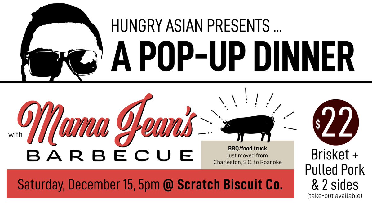 Have you bought tickets for the next #HungryAsian Pop Up dinner with Mama Jean's BBQ on Dec 15??
Get your ticket here - bit.ly/2BHmAaD
#RoanokeVA #PopUP