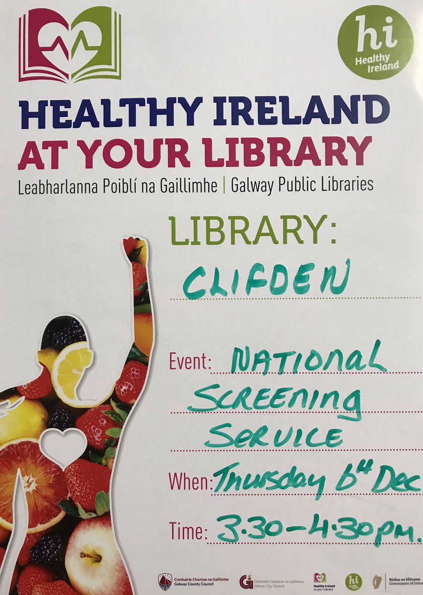 berjeffries's tweet photo. @HealthyIreland event in #ClifdenLibrary Thursday 6 Dec 3.30-4.30pm #HealthyIrelandatYourLibrary #NationalScreeningService @LibrariesGalway @GalwayCoCo @HealthyGalwayCo https://t.co/jKcX5DkQ1d