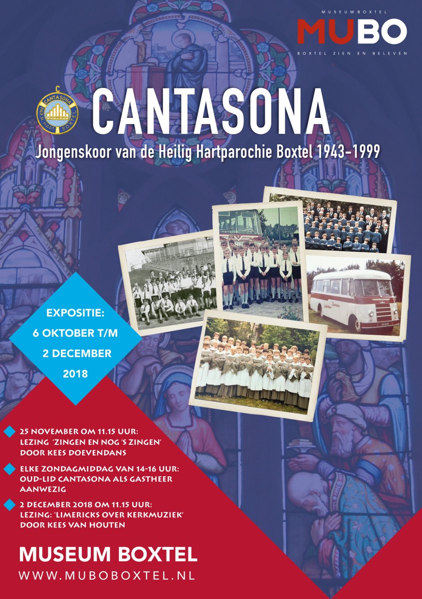 muboboxtel's tweet photo. LAATSTE WEEKEND EXPOSITIE CANTASONA iN MUBO
over het jongenskoor van de Heilig Hartparochie (1943-1999).

Op zondag om 11H15 houdt Kees van Houten een cabareteske voordracht over HUMOR IN DE MUZIEK. Aanmelden: info@muboboxtel.nl of 06-16041898. Entree € 5 incl. bezoek expositie. https://t.co/E3uIWnfzMn