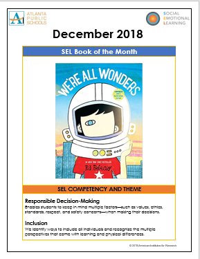 atlhummingbird's tweet photo. It's a"Wonder"land for inclusion with the @SEL_APS  #SELbookofthemonth in December! In collaboration w @APS_DSE, we are excited to introduce this month's #SELreads, "We're All Wonders", a book about seeing the unique wonder in every human. @apsupdate! @RobertsOF_7 @CarstarphenMJ https://t.co/EeKNfo9f6V