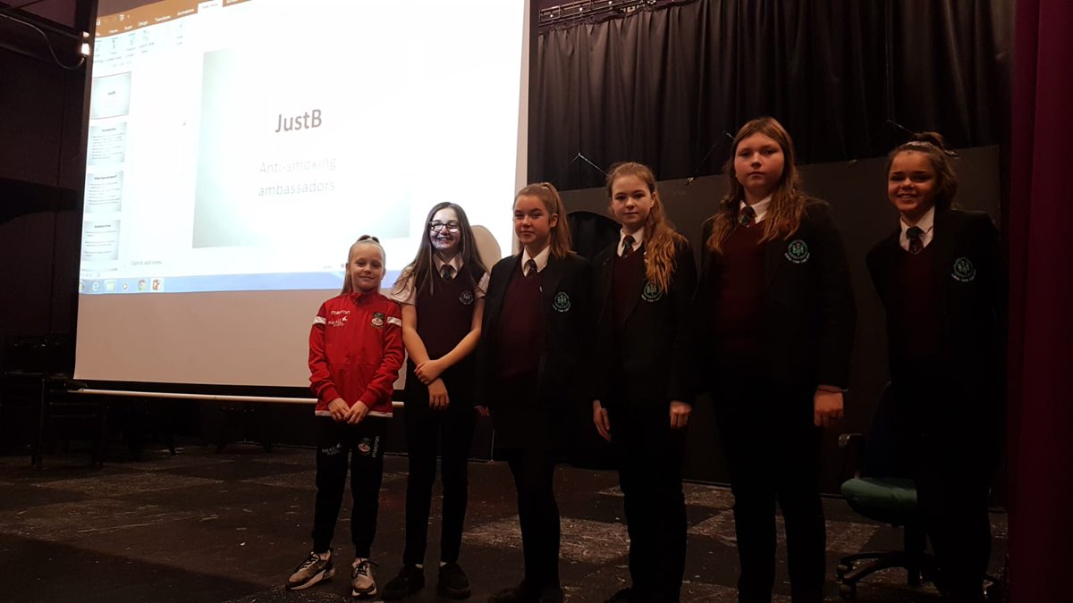 FlintHighPSHE's tweet photo. Great finale to the Just B anti smoking programme with our ambassadors giving an assembly to our year 7s (and future ambassadors) 🙂 @PublicHealthW #antismoking https://t.co/yRabvABRk9