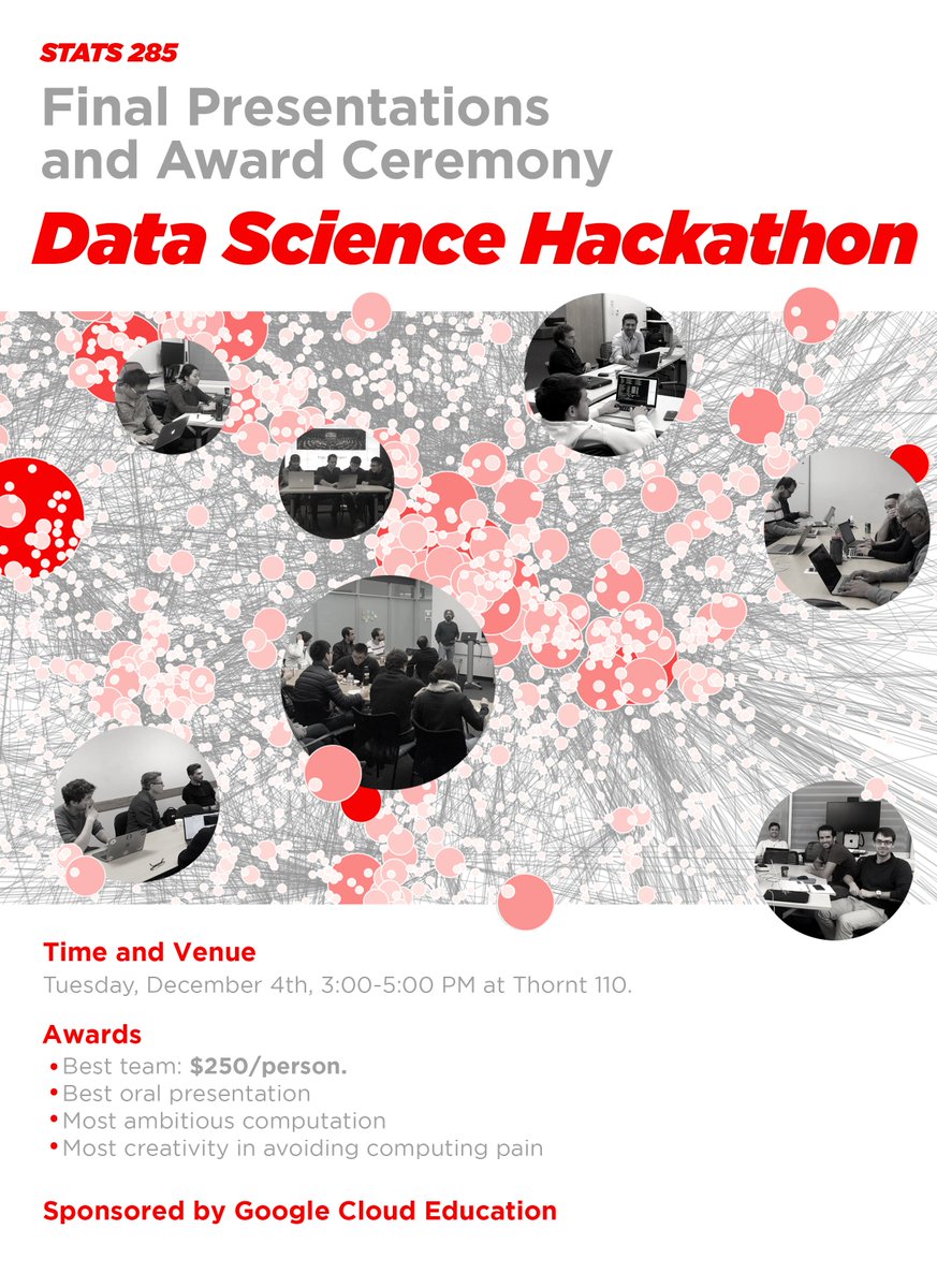 stats285's tweet photo. Join us Tuesday Dec 4 from 3:00-5:00 PM for the final presentations by hackathon groups followed by the award ceremony. Refreshments are provided. #datascinece #stats285hackathon #CollaborativeLearning #MRI #RussianTwitterTroll #HigherCriticism @googlecloud @petemohanty #rstats https://t.co/tv7iKCw8so