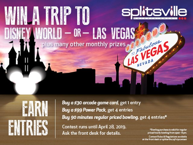 You could win a trip to Disney World or Las Vegas just by going bowling or playing in our arcade! What are you waiting for? Call or stop by for details. #disney #lasvegas #contest