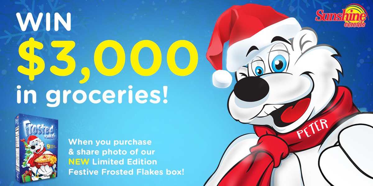 SunshineCereals's tweet photo. WIN a $3,000 grocery voucher with Sunshine Cereals!
Purchase the NEW Limited Edition Festive Box and head to our Facebook page to share a photo of you or your family feeling the Christmas Cheer! 
Head to our Facebook page for more details! #SunshineCereals #HappyHolidays https://t.co/QgWY0nlXiR
