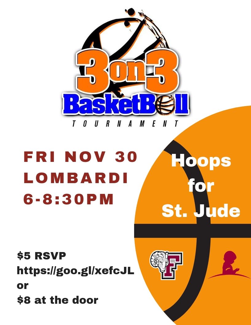 UTDFordham's tweet image. TONIGHT! Grab two friends and form a team for our 3v3 Basketball Tournament. You can still RSVP (link in bio) for $5 entry or pay $8 at the door. 6-8:30pm in Lombardi. Enjoy some healthy competition all while supporting St.Jude! #StJude #Fordham #UpTilDawn
