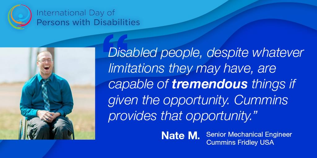 CumminsCareers's tweet photo. Inclusion of people with disabilities is one more step in our journey to continuously develop an inclusive work environment for all. Nate, Senior Mechanical Engineer, shares how he found opportunity and inclusion at Cummins. #WorkingRight #IDPD https://t.co/mPPeYHJOVd