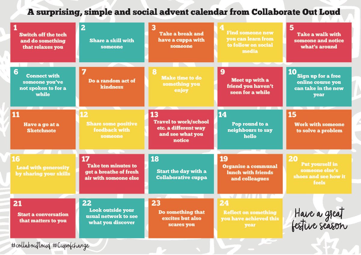 CollabOutLoud's tweet image. Here’s our 2018 Surprising, Simpel and Social Advent Calendar! We’ll be reminding you each day what’s on it with hints, tips and links. Share your advent stories via #collaboutloud