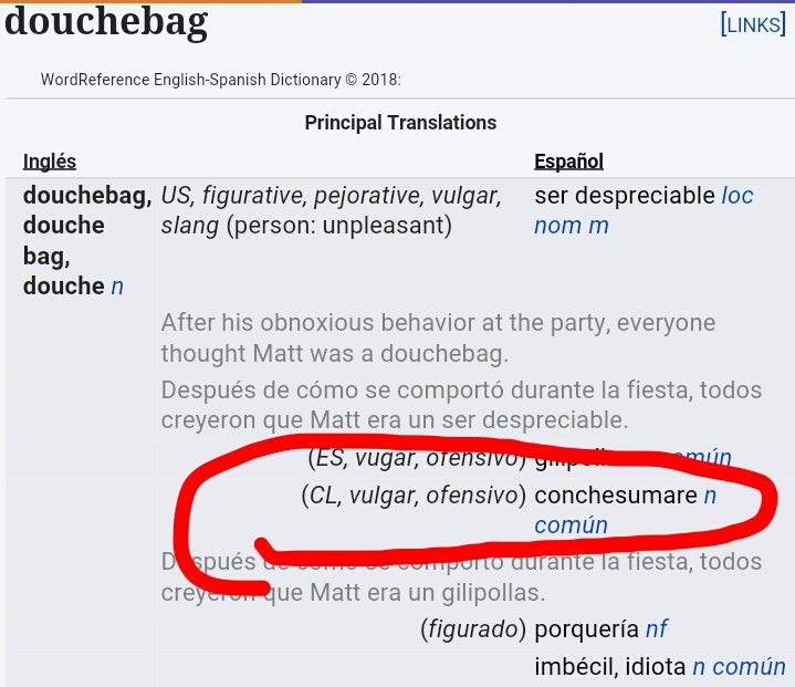 jensenfanchile's tweet image. Yo toda inocente buscando el significado de #Douchebag, sé que es idiota, pero estaba viendo qué otro término podía ocupar para una traducción y me encuentro con esto #conchesumare. Me hizo el día 😂, gracias #wordreference por esto y ... Viva Chile mierda!!! ✊🆑😂
