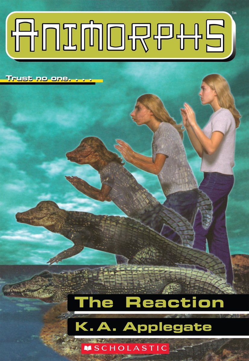  #TheReaction #AnimorphsBookChallengeGirl turns into crocodile but has a reaction which causes her to turn into animals when emotional.Discovers teen idol is working with evil aliens so she goes on tv to stop him when her body expels a live crocodile.Croc attacks teen & saves day