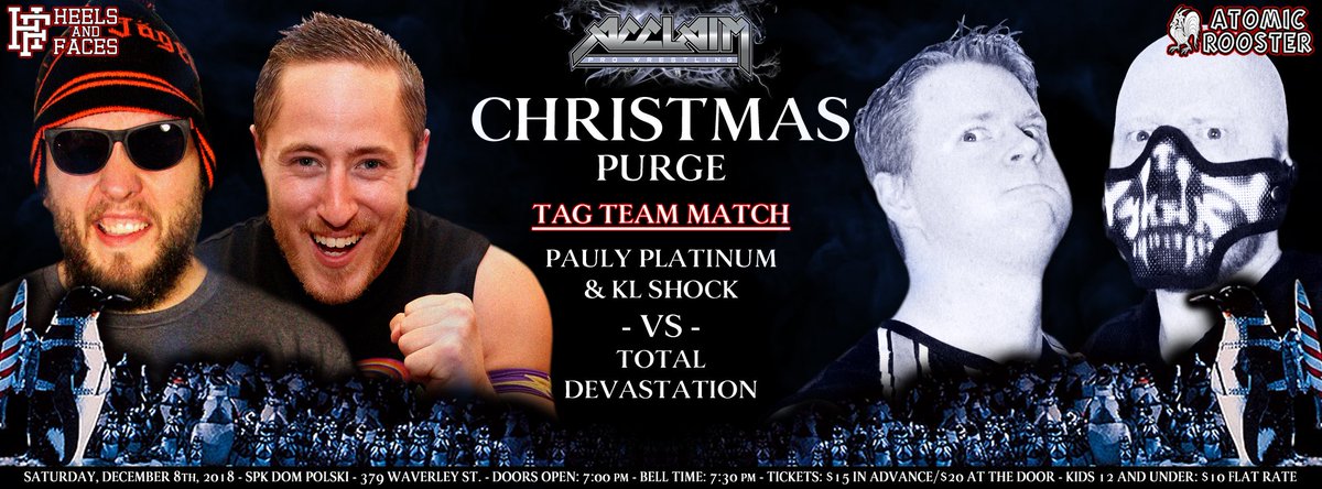 Acclaim_Pro's tweet photo. #TagTeamMatch:
After being left laying at the end of his driveway, attacked by mysterious masked men, Pauly Platinum returns to action alongside KL Shock to take on CJ Felony &amp; Catalyst, #TotalDevastation.
#Dec8th #ChristmasPurge

https://t.co/rN7Ckd6HQ5 https://t.co/qvlLaqiOAL