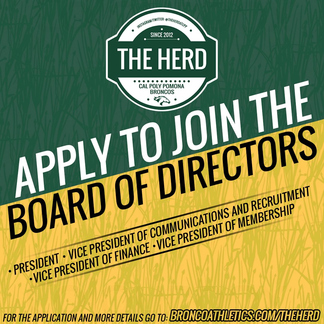 TheHerdatCPP's tweet image. The Herd is stampeding back to Cal Poly Pomona. Be a part of this momentous return and apply to join the board of directors now. For the application and more details go to broncoathletics.com/theherd. Apply Now!