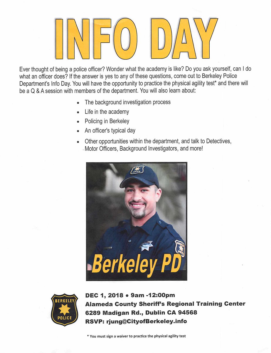 BerkeleyPDChief's tweet photo. Berkeley PD will be out tomorrow 9am-Noon; curious about police work in Berkeley? Take the first steps towards a career at #BerkeleyPD! Come meet staff, ask questions, and try out the agility test! #joinberkeleypolice #bpdrecruiting https://t.co/vp7cKXEWWS